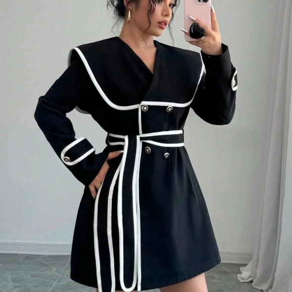 Women Elegant Colorblock Woolen Coat,Black And White Contrasting - Picture 1 of 7